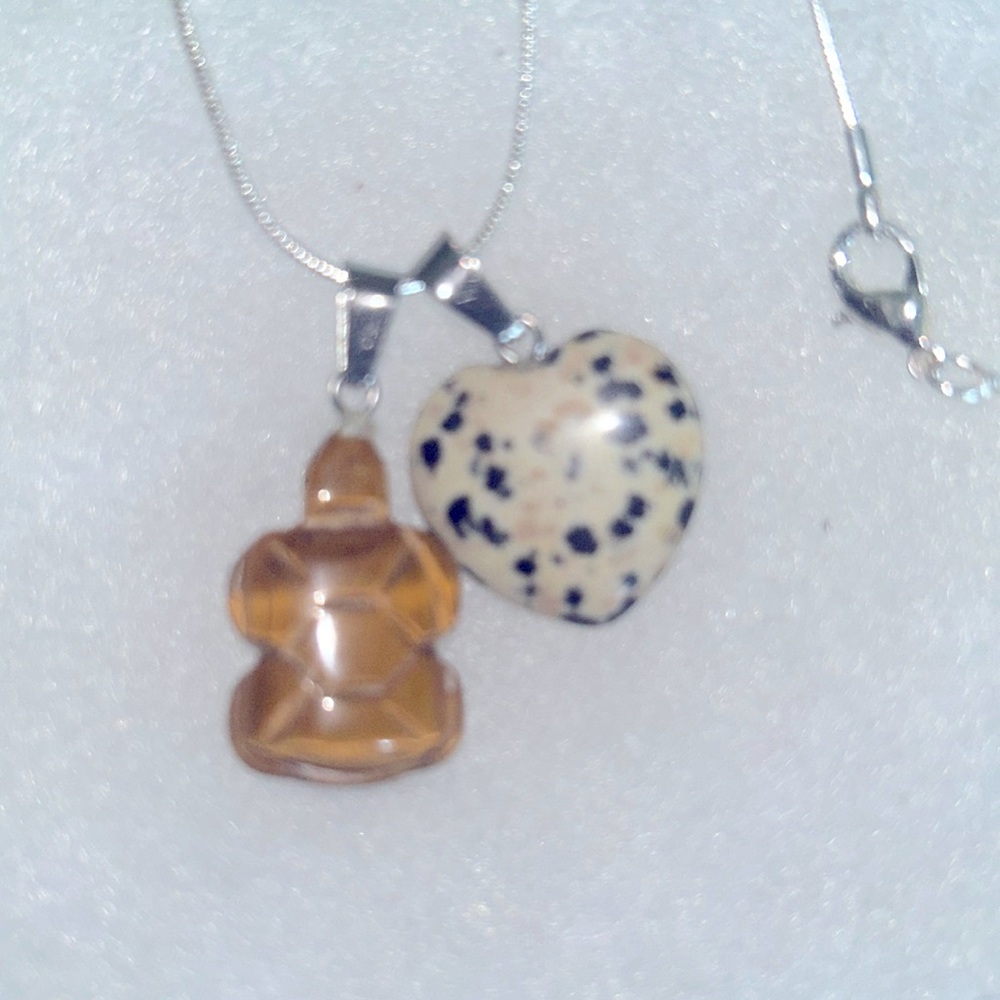 Dalmatian Jasper Heart ❤️ and Tigers Eye turtle 🐢 sterling silver 16” necklace